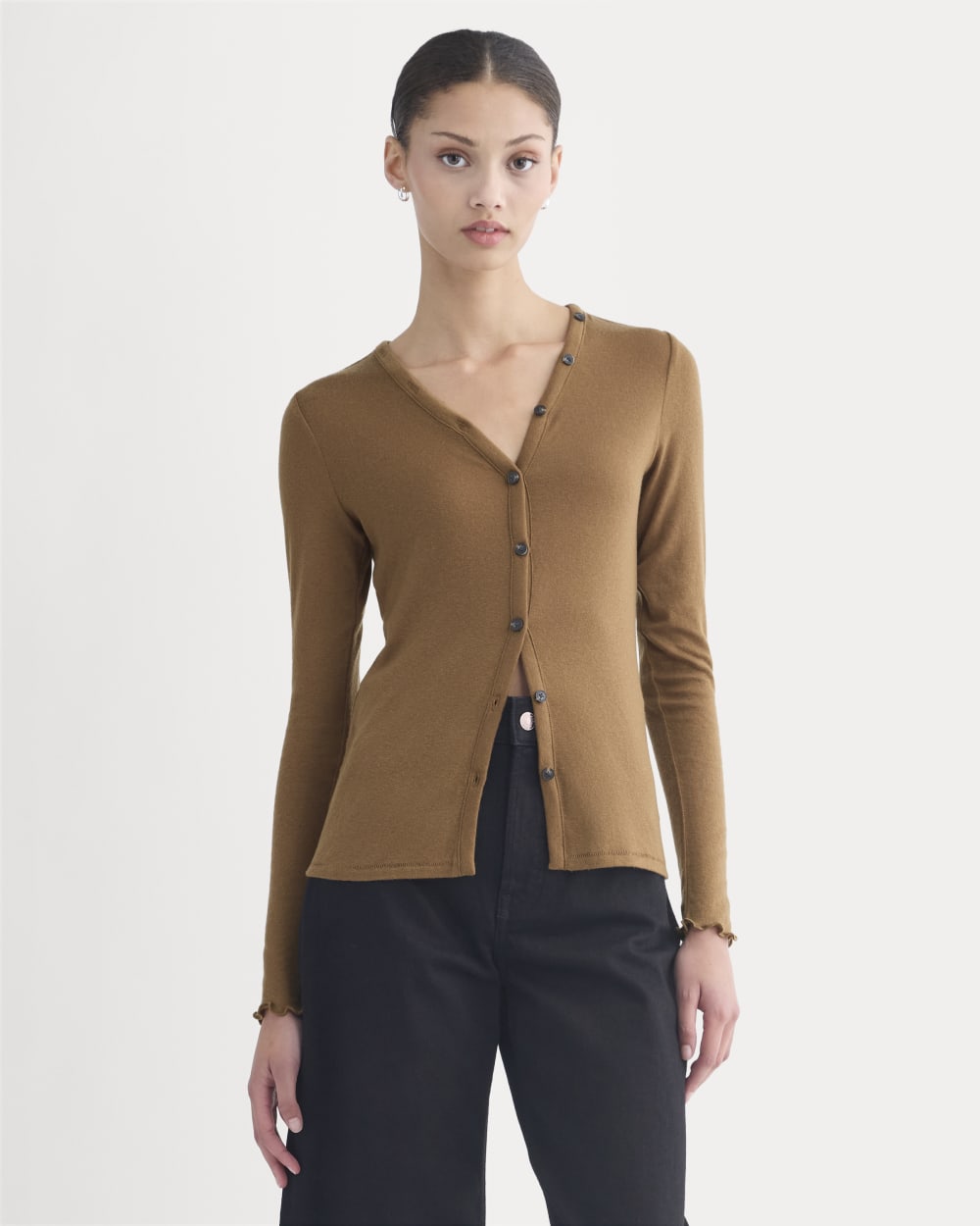 Sheer V-Neck Cardigan in Butterluxe in Toffee — front view