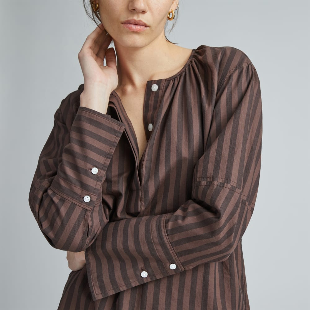 The Silky Cotton Balloon Sleeve Top in Chocolate Brown / Black — detail view