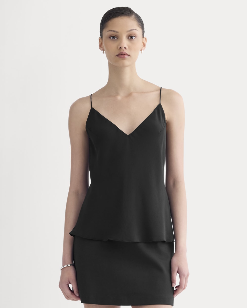 The Tie Back Cami in Washable Silk in Black — front view