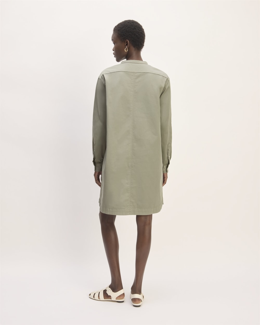 The Long-Sleeve Utility Mini Dress in Sage Green — detail view