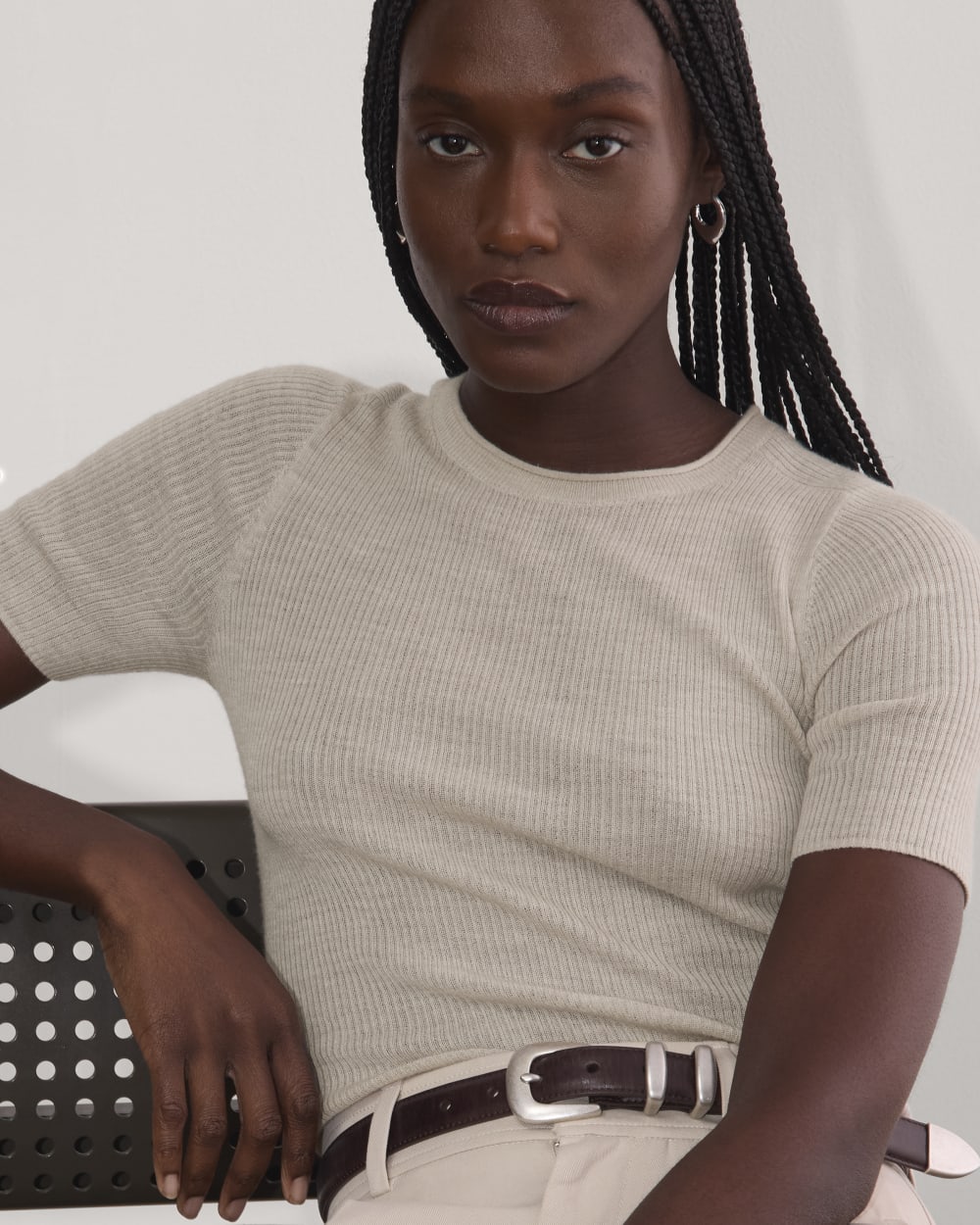 The Sweater Tee in Ultrasoft Merino in Heather Oatmeal — detail view