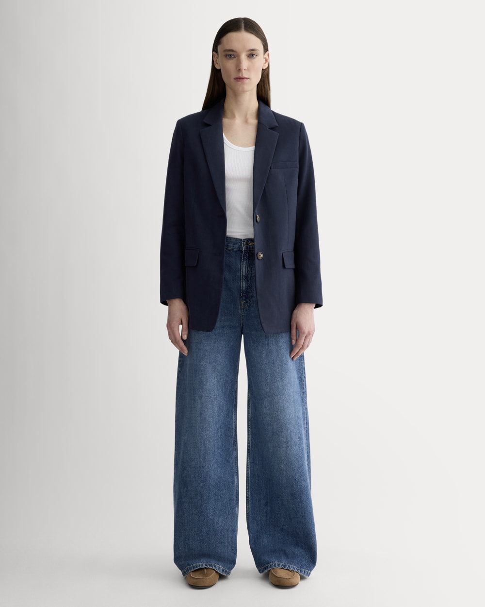 The Oversized Blazer in Buttersmooth in Navy — detail view