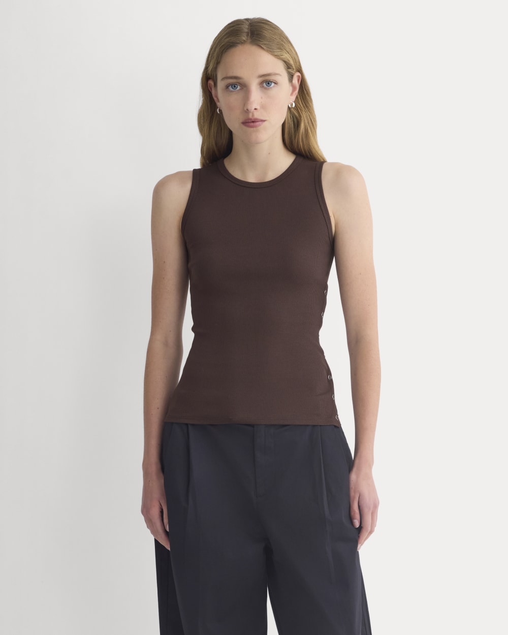 Luxe Rib Side Snap Tank in Coffee Bean — detail view