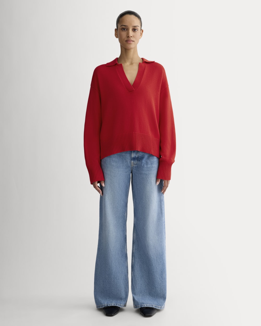 The Boxy Polo in Everyday Cotton in Classic Red — detail view