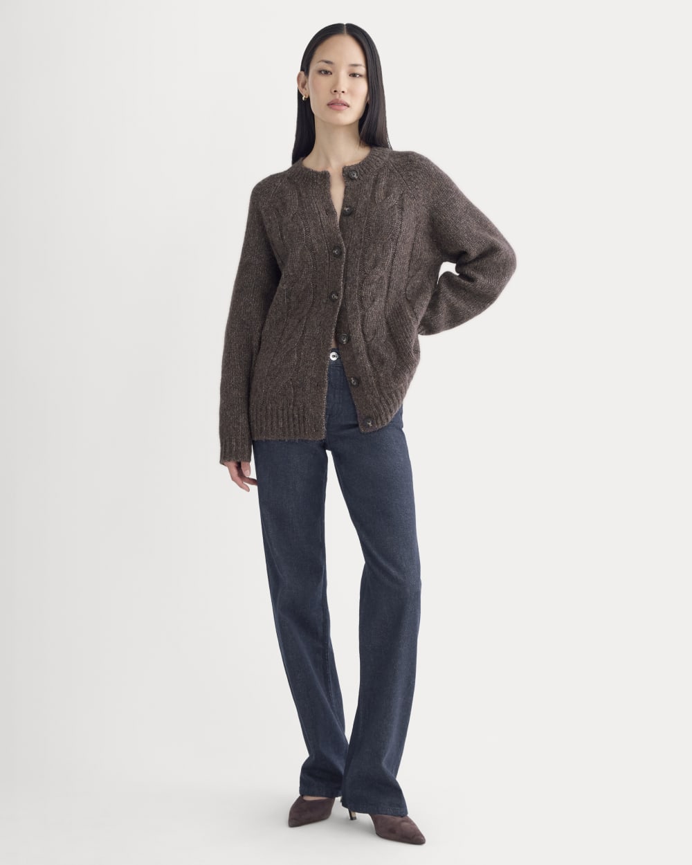 Cloud Cable Cardigan in Heathered Burgundy — detail view