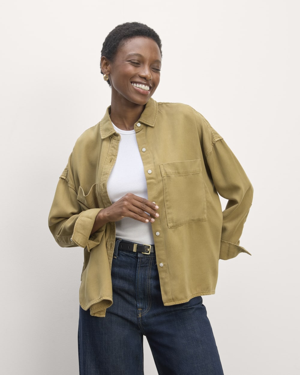 The Boxy Overshirt in Buttersoft in Fennel Seed — front view