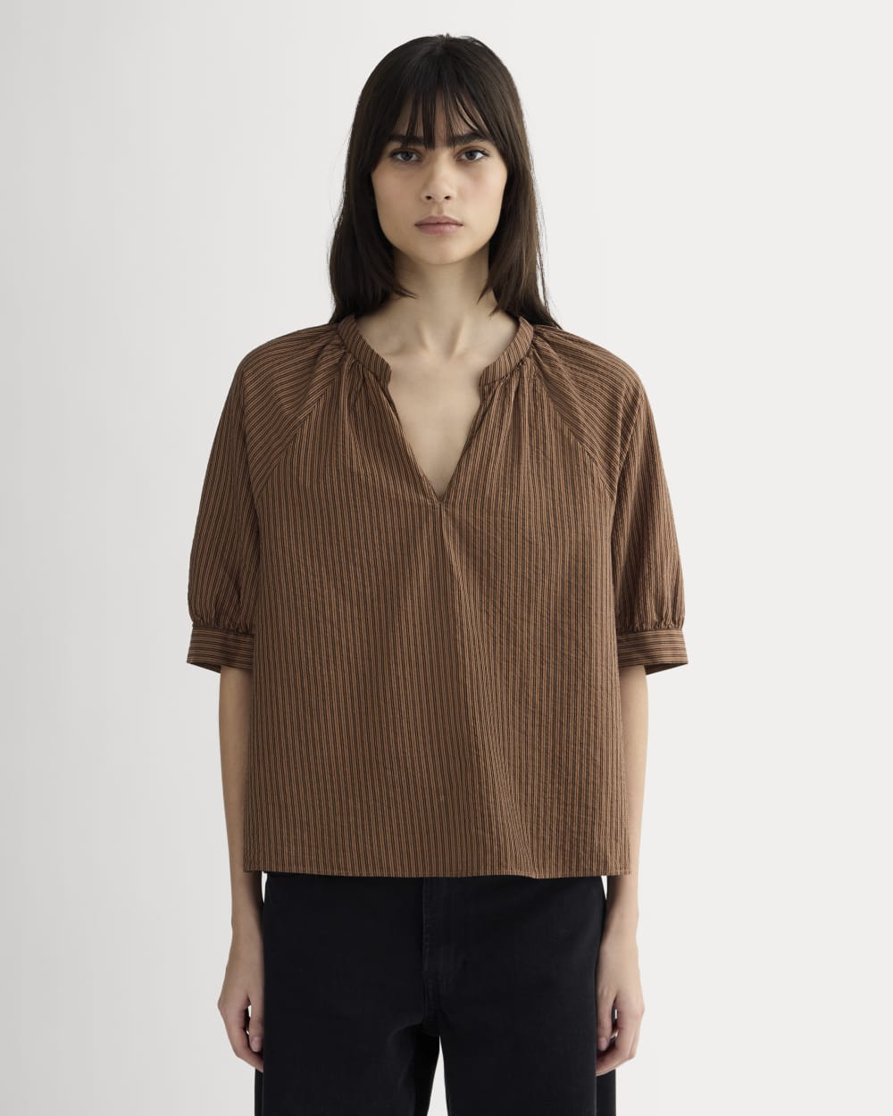 The Gauze Gathered Top in Carob Brown / Black — front view