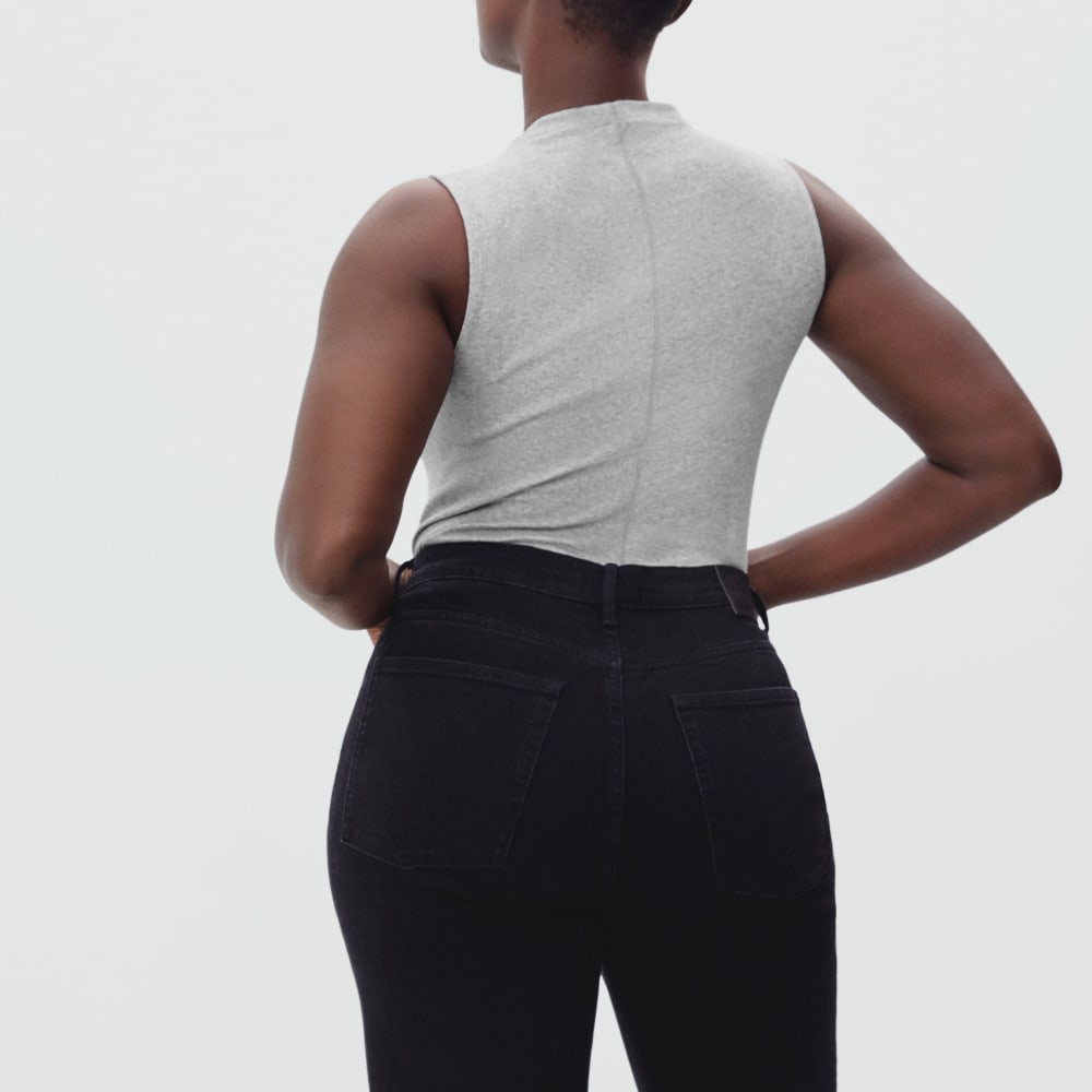 The Pima Micro-Rib Funnel-Neck Tank in Heathered Grey — detail view