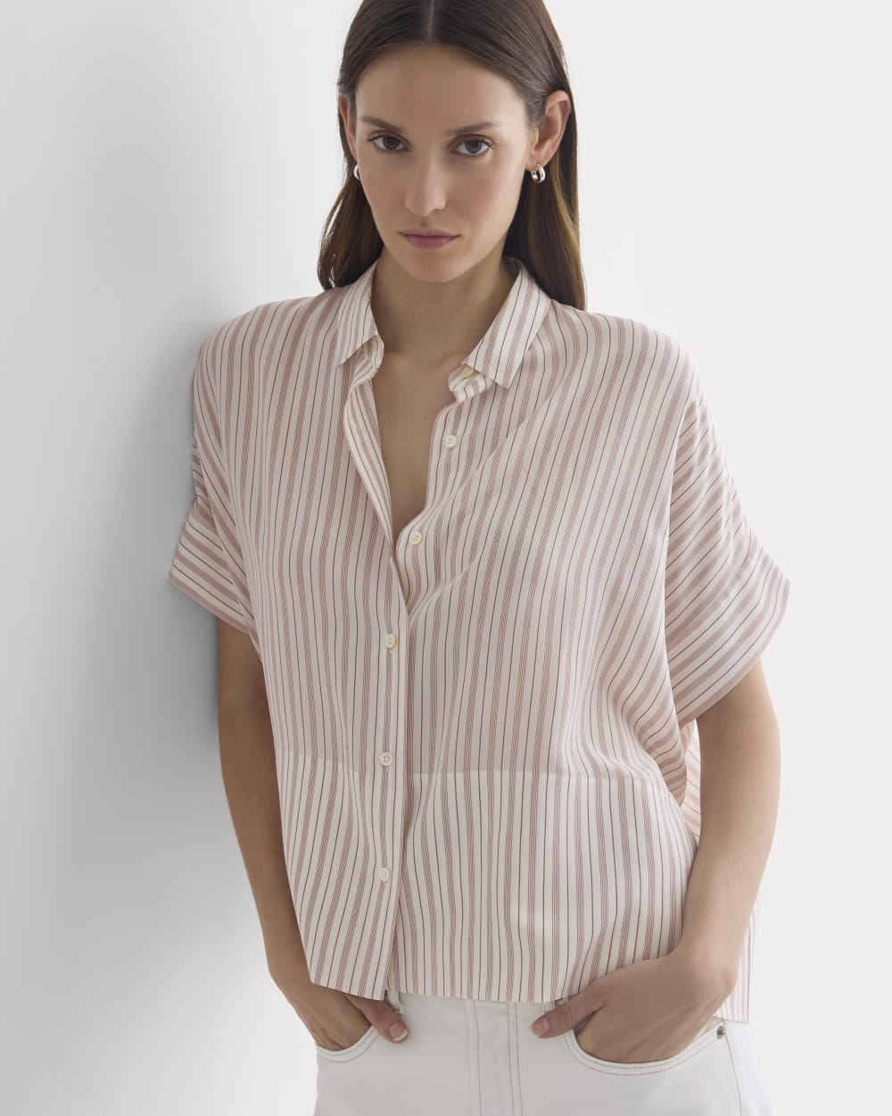 The Boxy Shirt in Washable Silk in Bone / Rose — front view