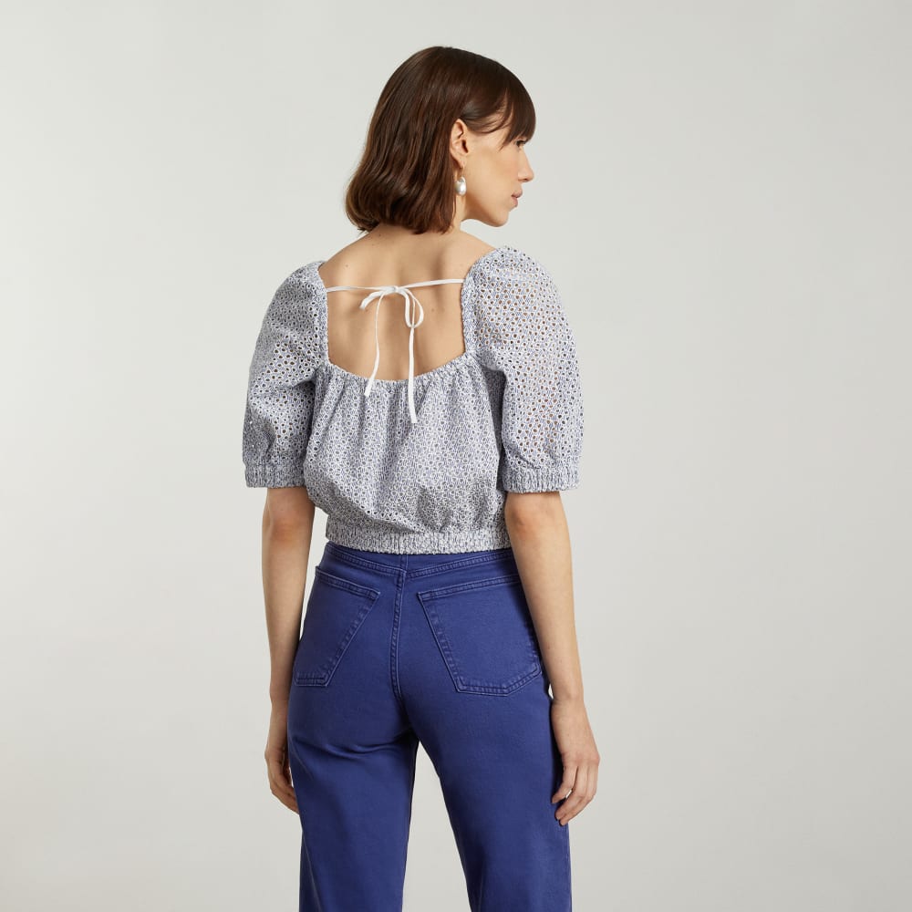 The Eyelet Puff Sleeve Top in Deep Blue / White — detail view