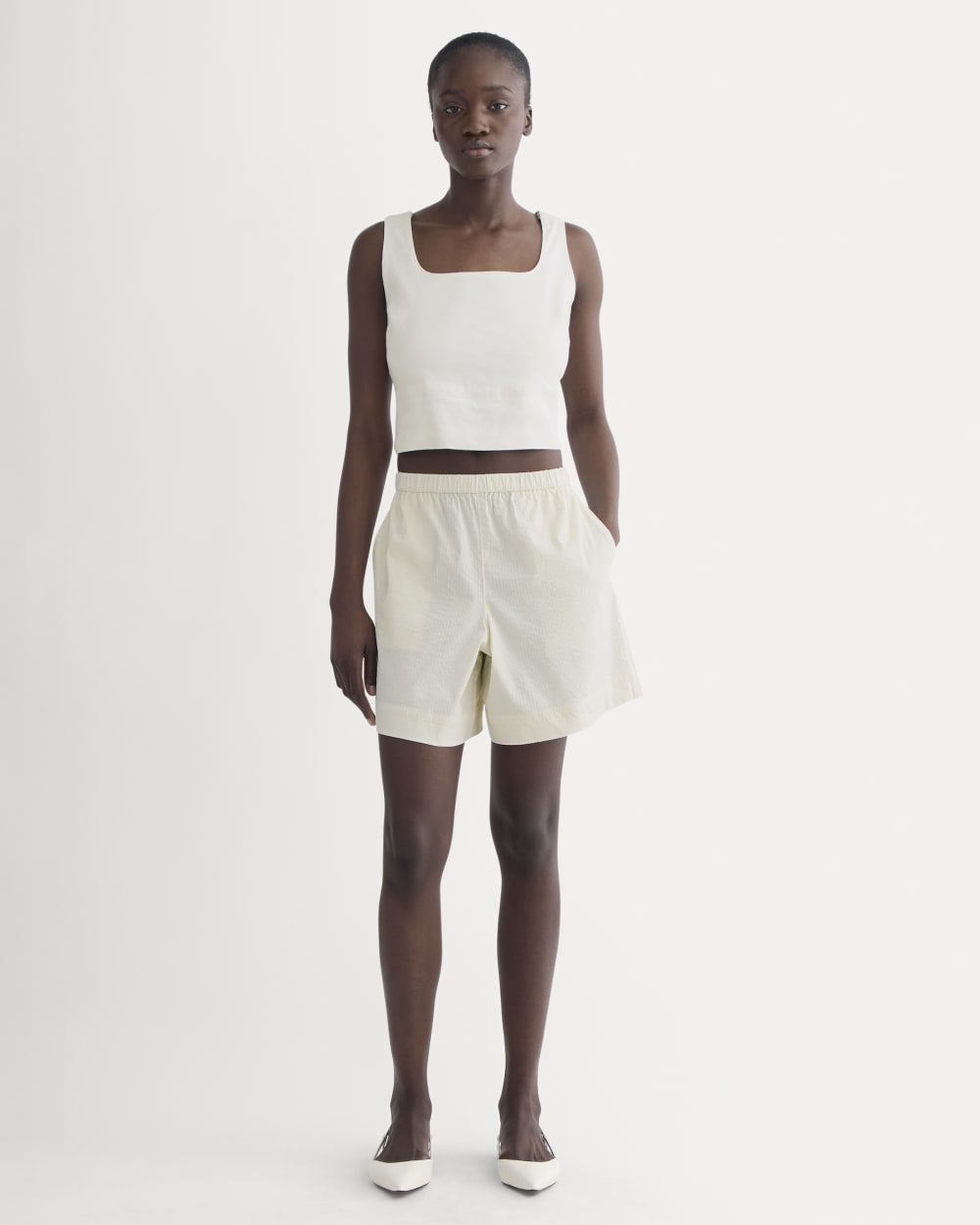 The Seersucker Pull-On Short in Bone — front view