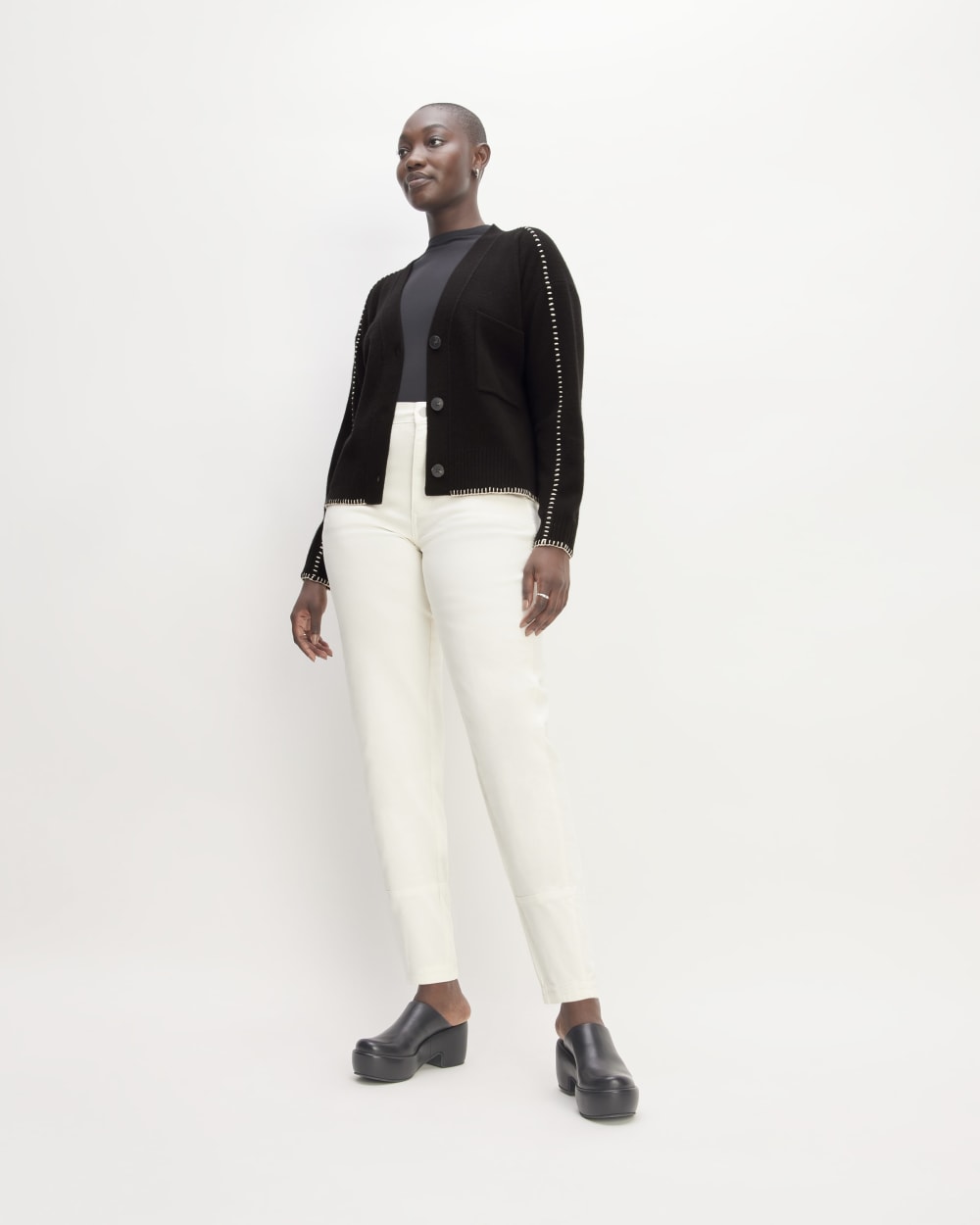 The Good Merino Wool Cardigan in Black / Buttermilk — detail view