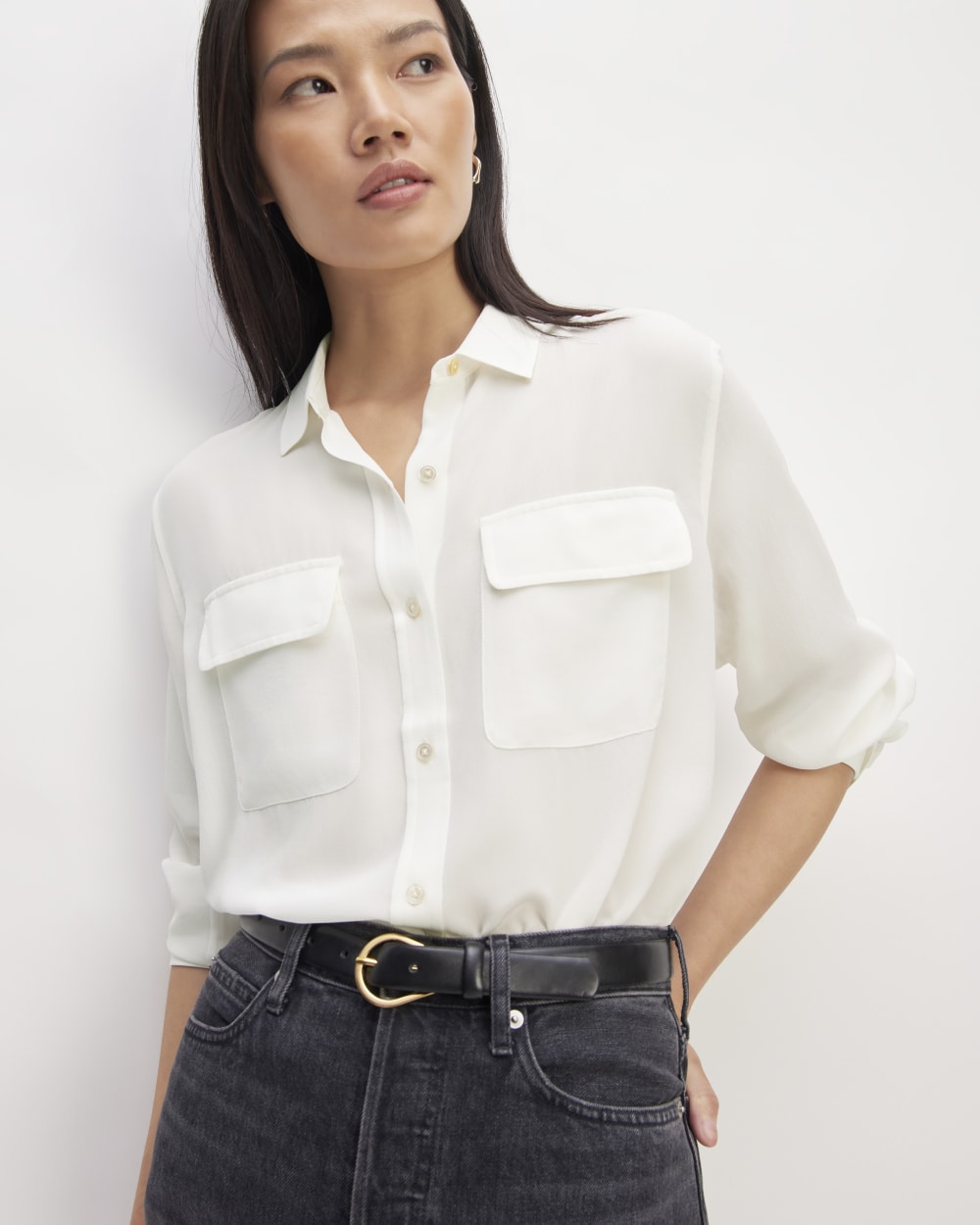 The Utility Shirt in Washable Silk in Off-White — detail view