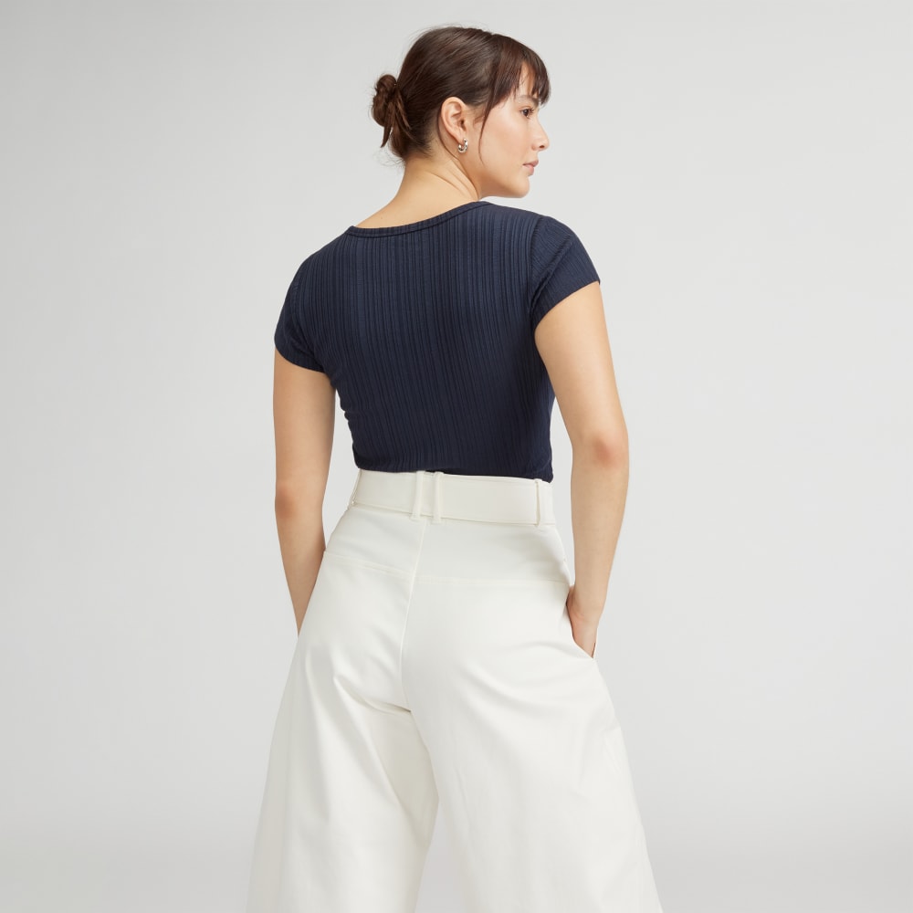 The Rib Soft Knit Scoop-Neck Tee in Navy — detail view