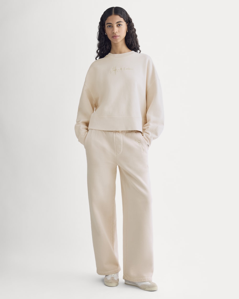 Everlane x The Laufey Foundation Cropped Sweatshirt in Pale Peony — detail view