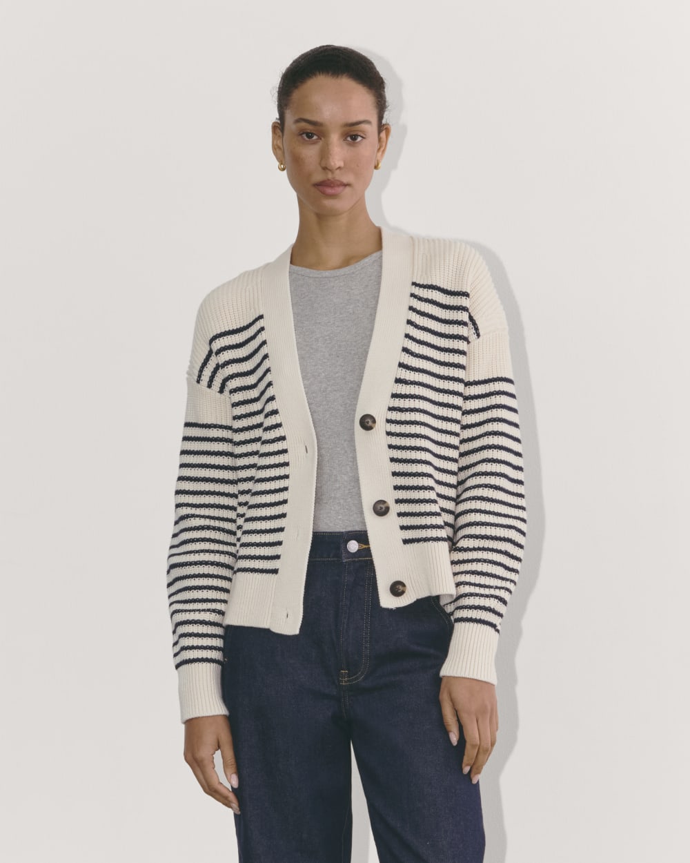 The Boxy Cardigan in Everyday Cotton in Canvas / Navy — front view