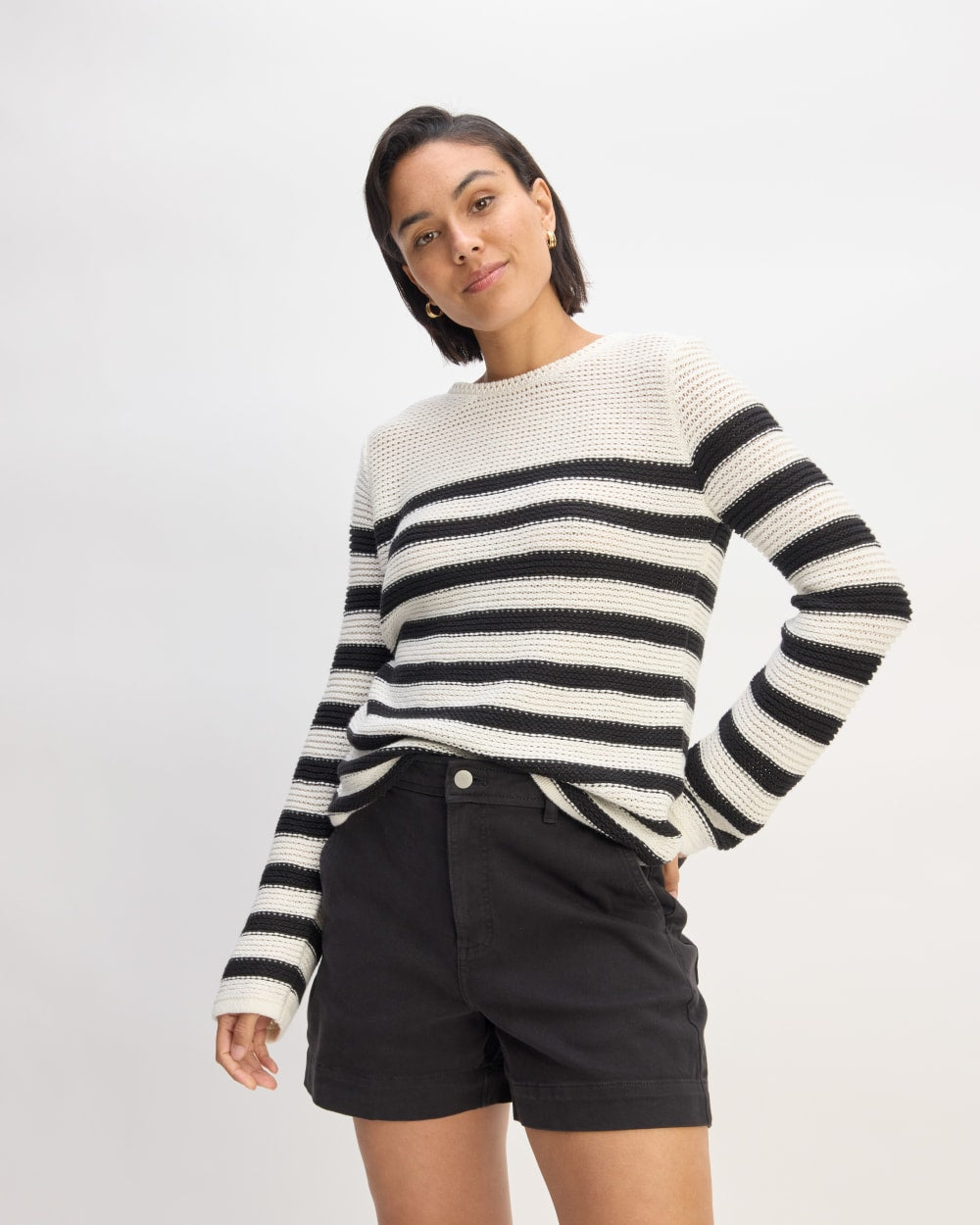 The Organic Cotton Open-Stitch Crew in Black / Bone — front view