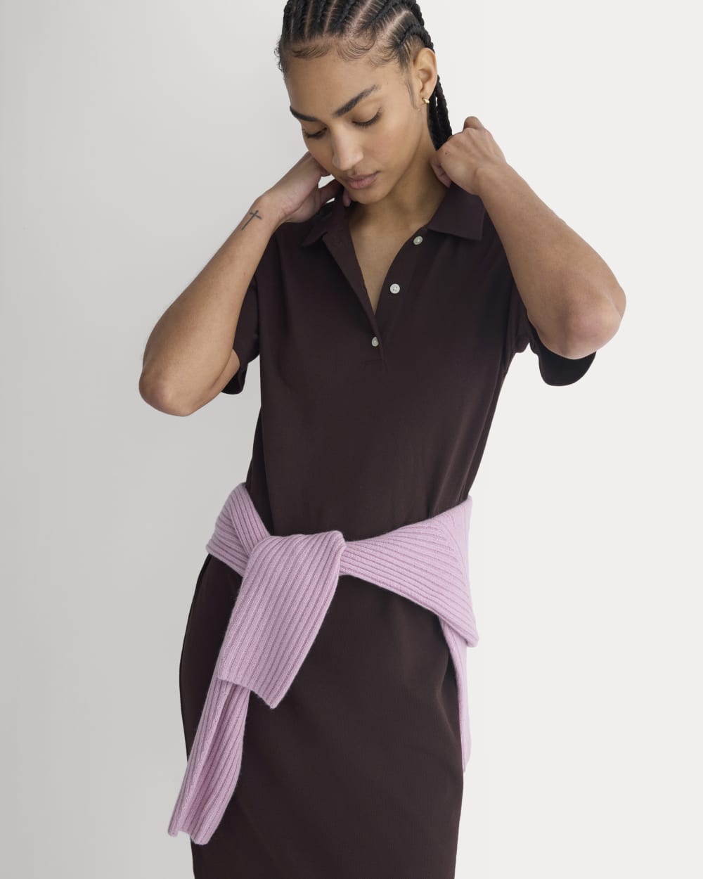 Pique Polo Short-Sleeve Dress in Dark Chocolate — detail view