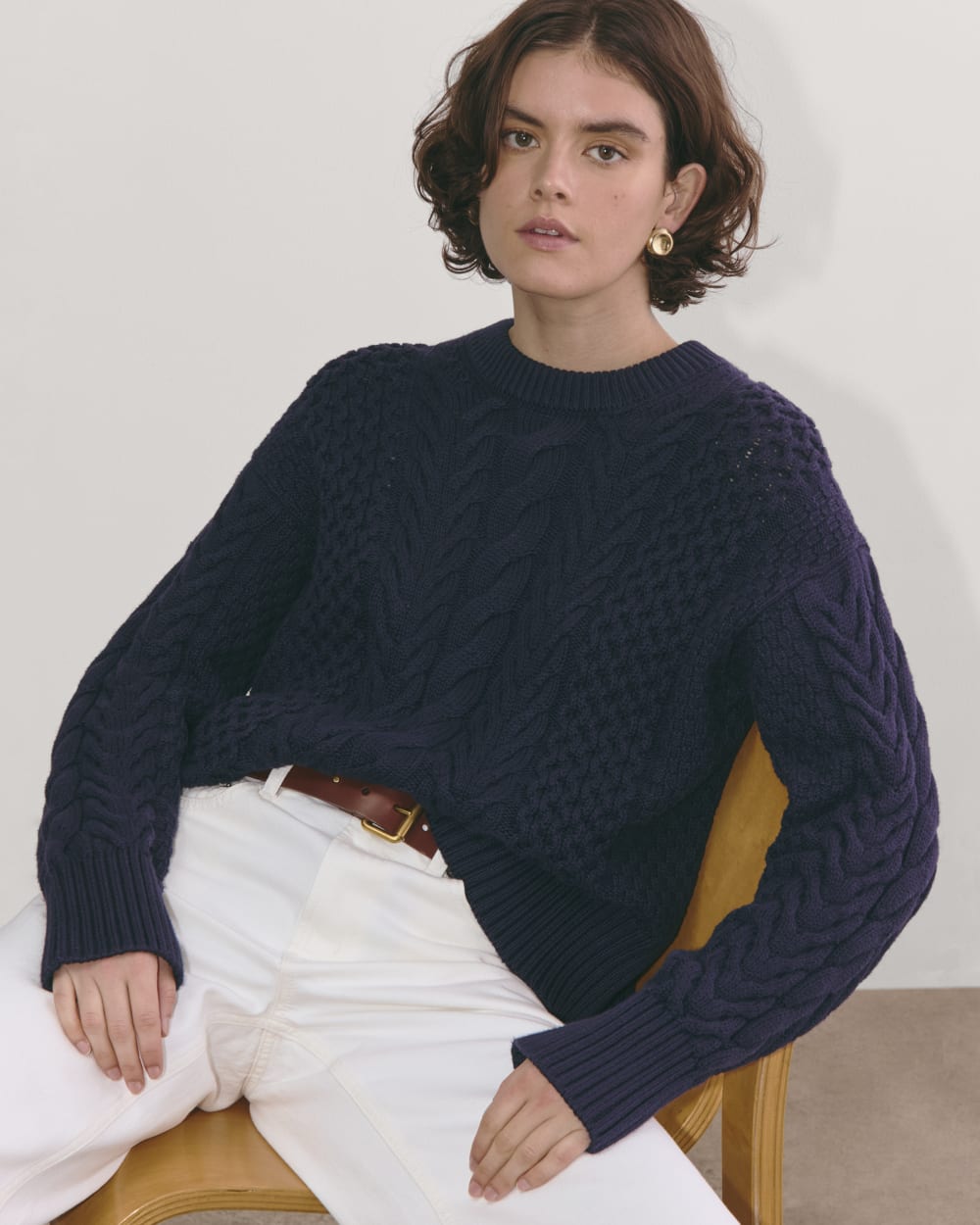 The Cable Sweater in Everyday Cotton in Navy — detail view