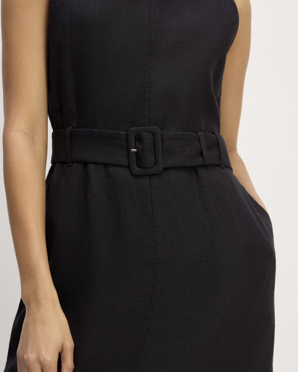 The Linen Belted Midi Dress in Black — detail view