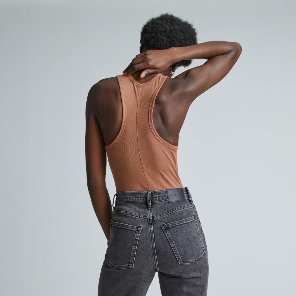 The Luxe Rib Racerback Tank in Carob Brown — detail view