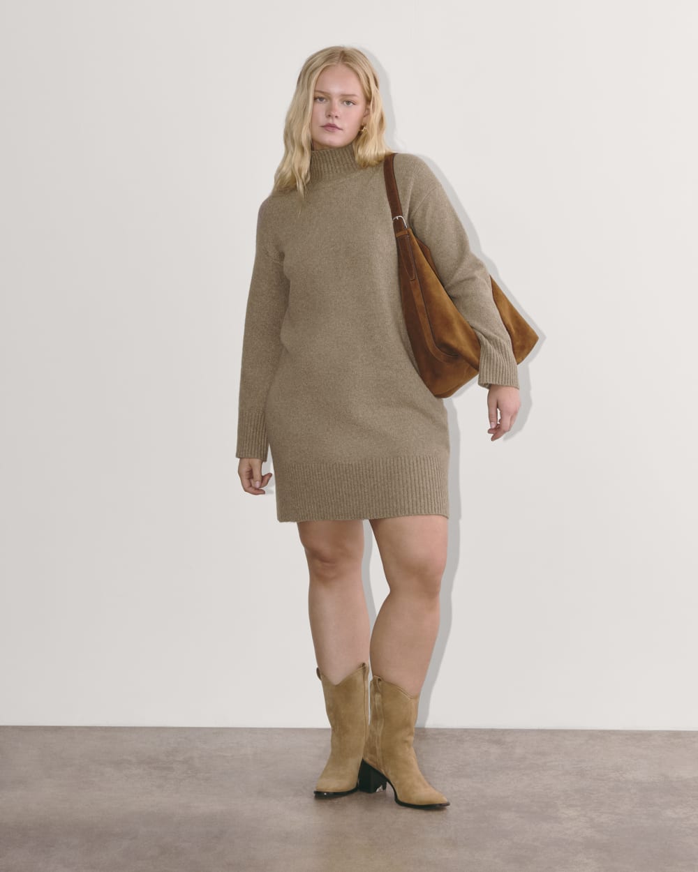 The Sweater Dress in Plush Cotton in Heather Taupe — front view