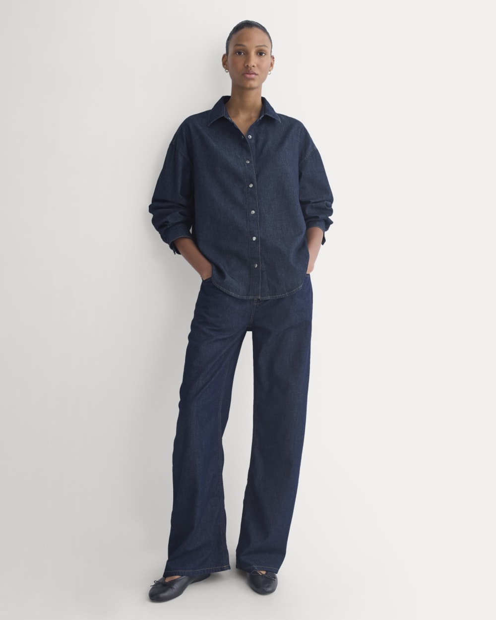 Everlane x Elena Bonvicini Balboa Button-Up Shirt in Deep Bay Indigo — detail view