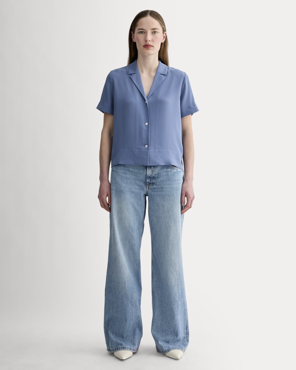 The Notch Shirt in Washable Silk in French Blue — detail view
