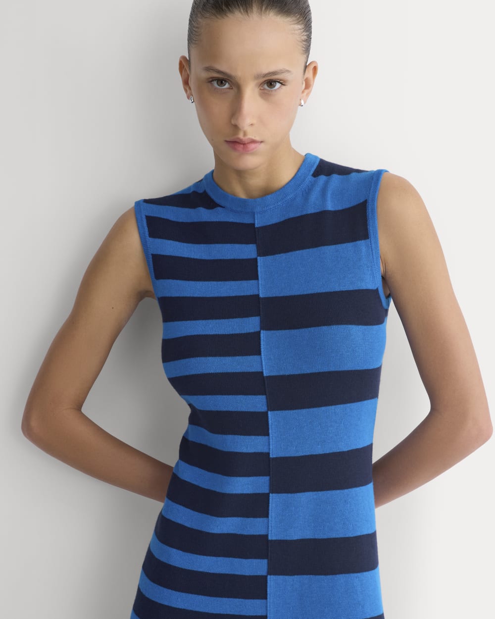 Striped Sweater Midi Dress in Imperial Blue/True Navy Duo Stripe — detail view