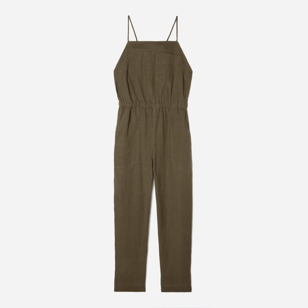 The Linen Shoestring Jumpsuit in Beech — front view