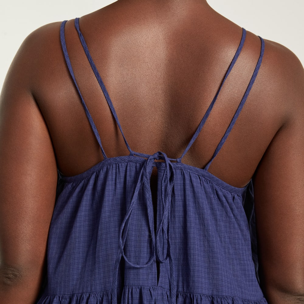 The Billow Tiered Maxi Dress in Navy — detail view