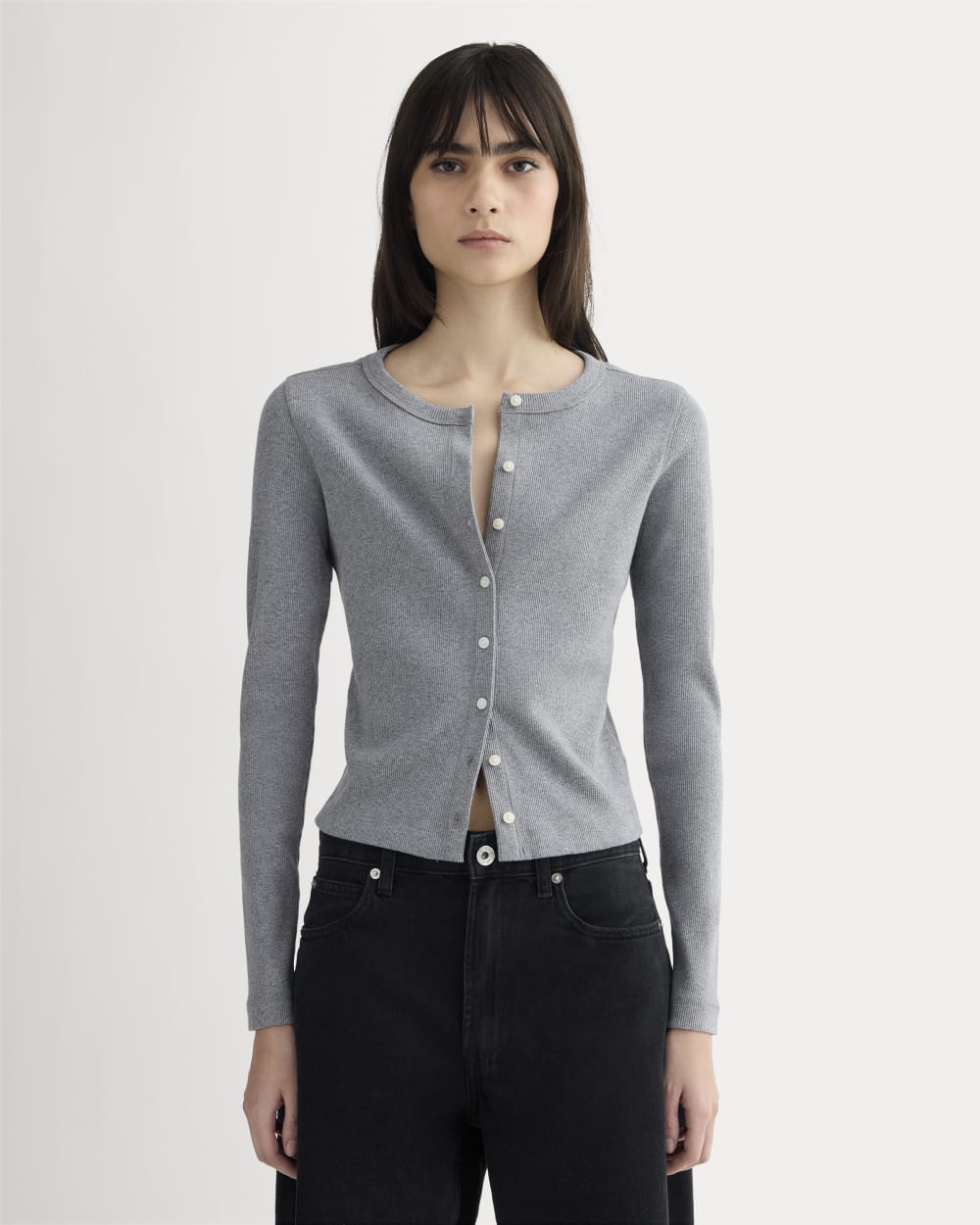 The Selfie Cardigan in Mid Heather Grey — front view