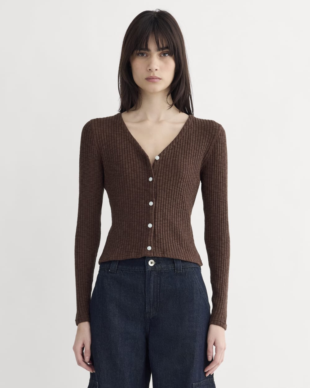 The Cozy Rib Cardigan in Dark Mahogany — front view