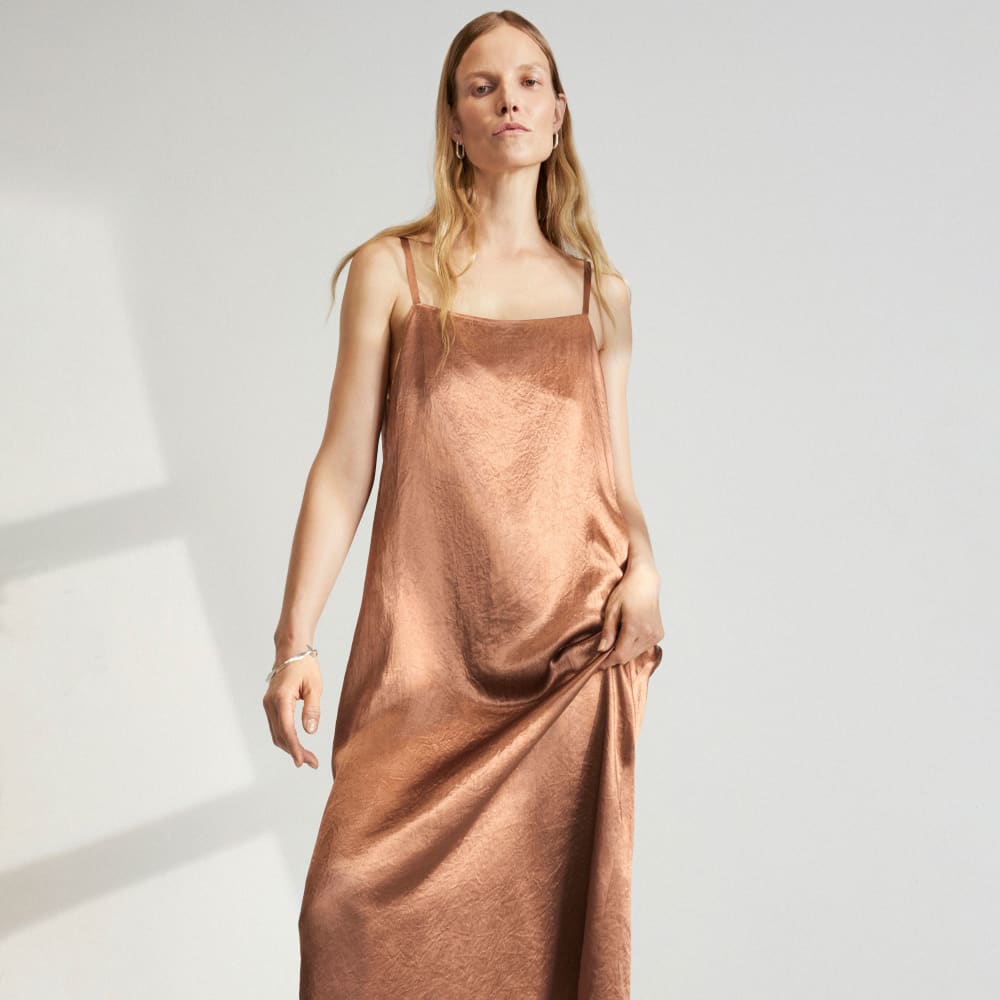 The Satin Square-Neck Slip Dress in Carob Brown — detail view