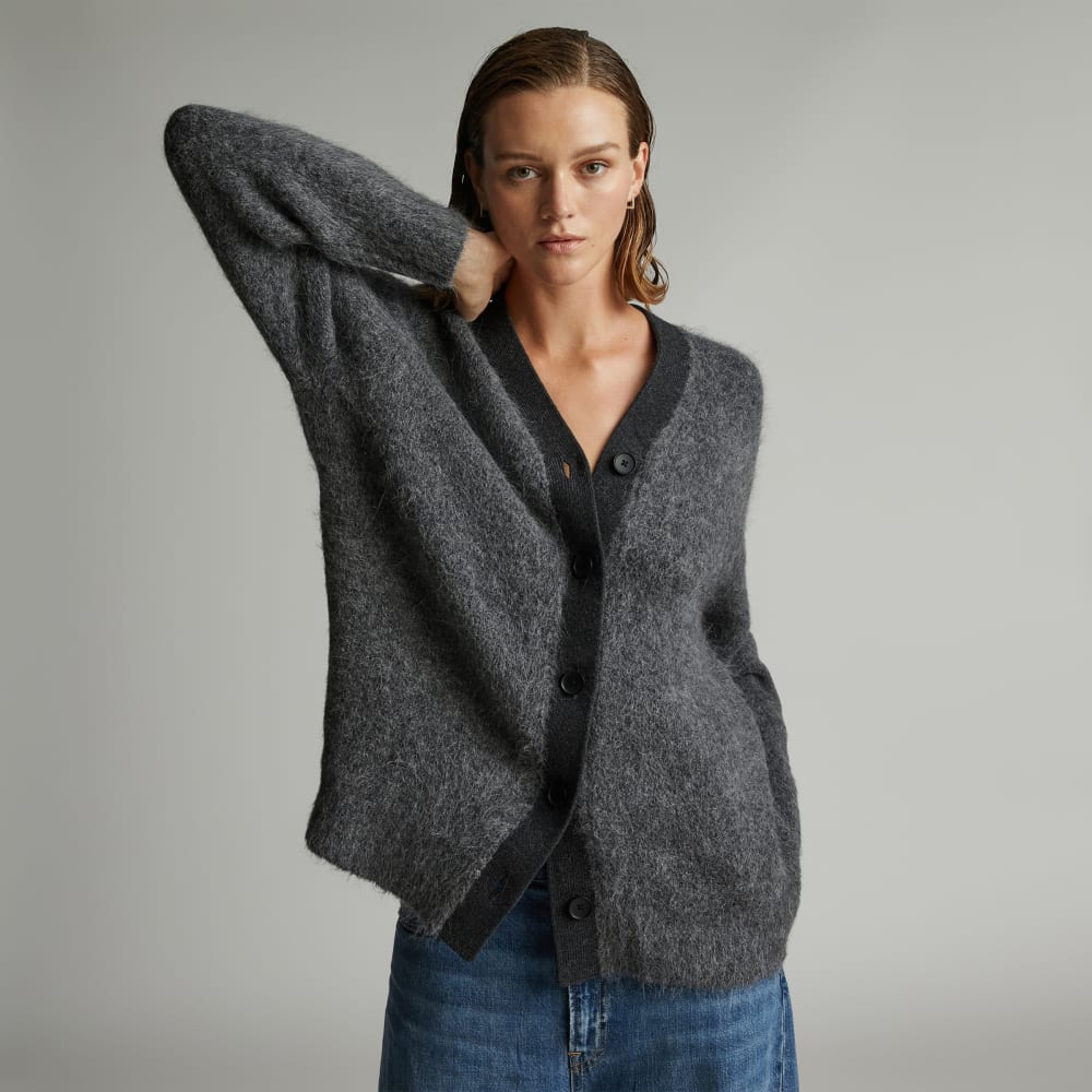 The SuperFuzz Alpaca Oversized Cardigan in Heathered Charcoal — front view