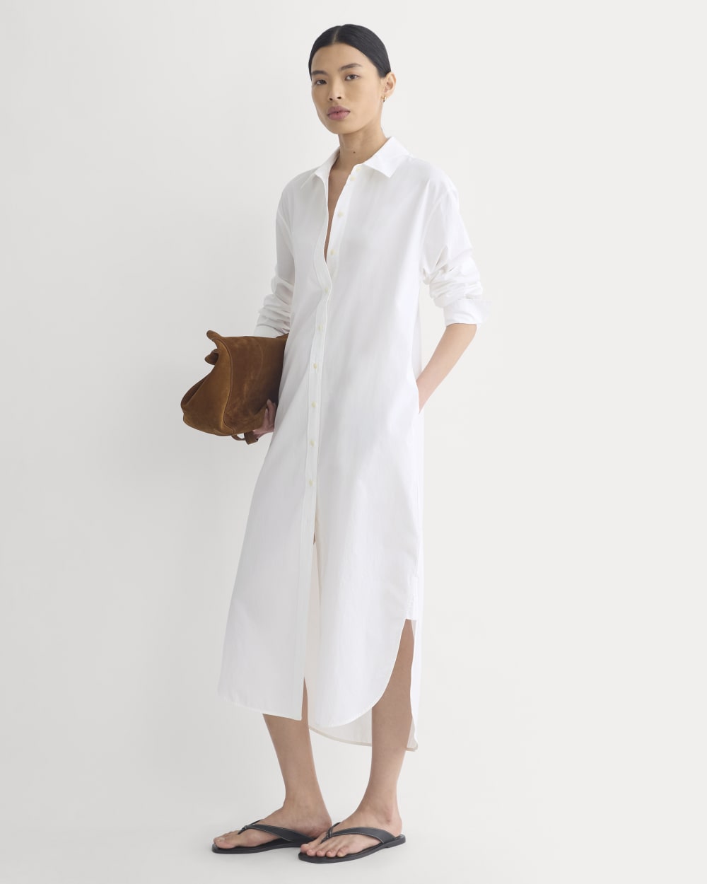 Midi Shirtdress in Ultrasoft Cotton in White — front view