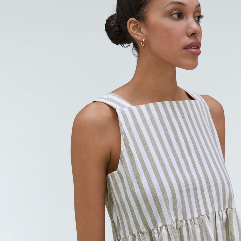 The Seersucker Midi Dress in Nutria / Off-White — detail view