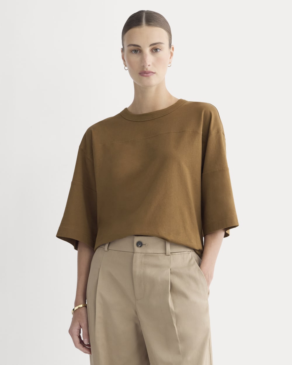 Oversized Varsity Tee in Essential Cotton in Toffee — front view