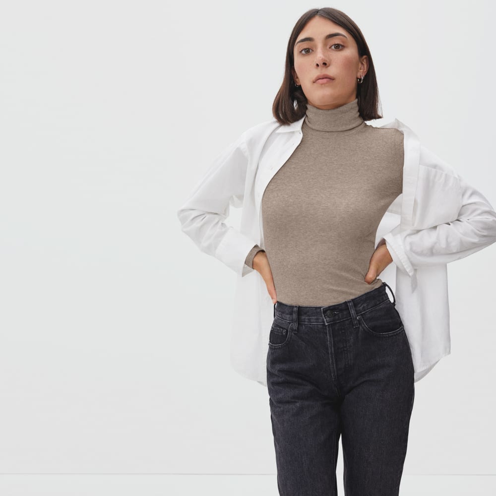The Luxe Micro-Rib Turtleneck in Heathered Burnt Sugar — detail view