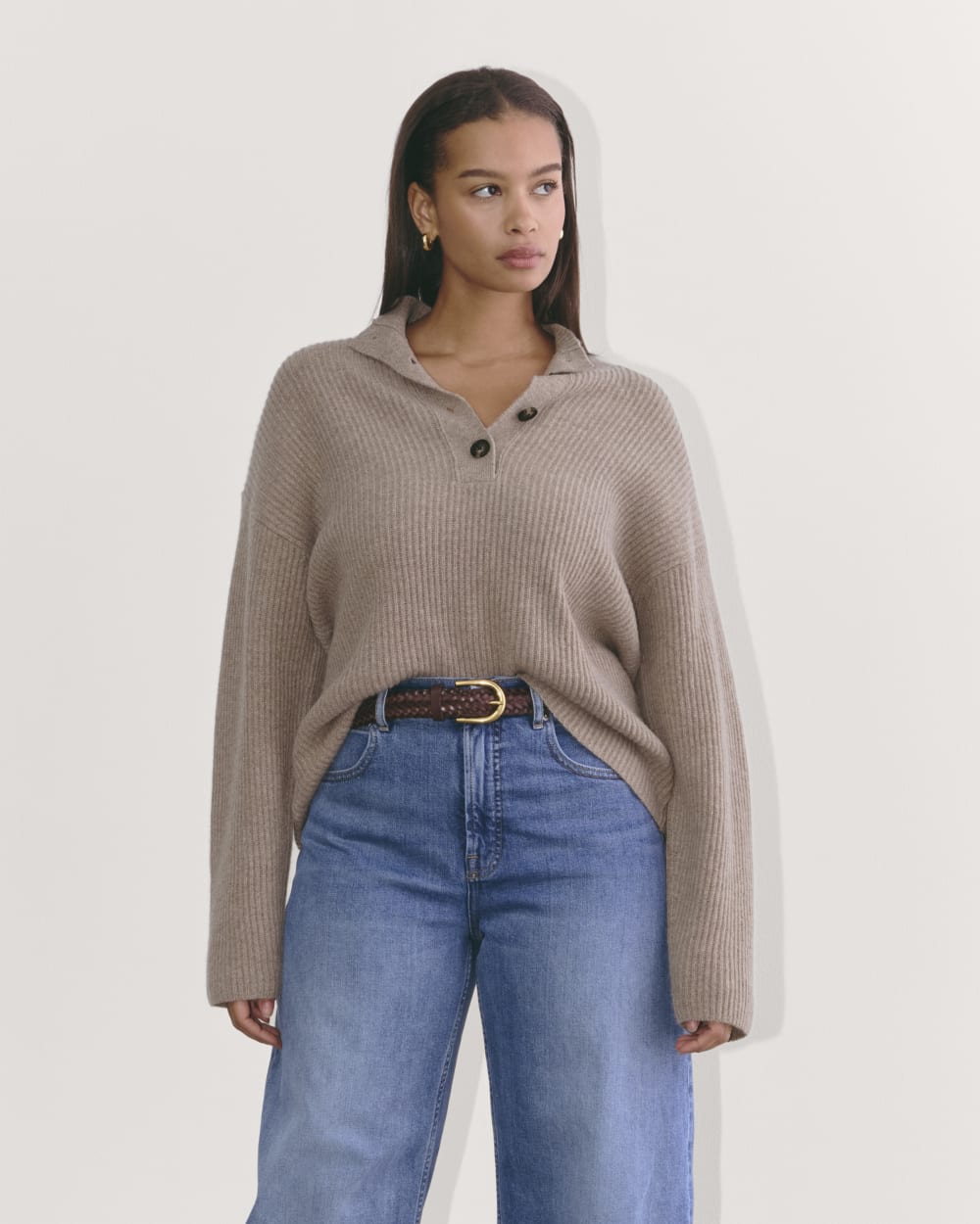 The Cocoon Henley in Wool Cashmere in Oatmeal — front view