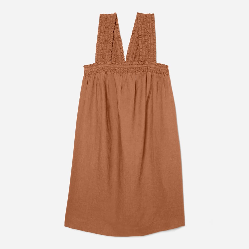 The Smocked Linen Dress in Tawny Brown — front view
