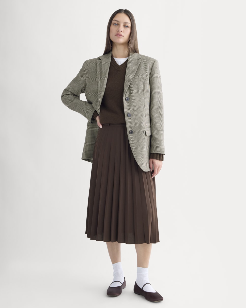 Pleated Crepe Midi Skirt in Dark Chocolate — front view