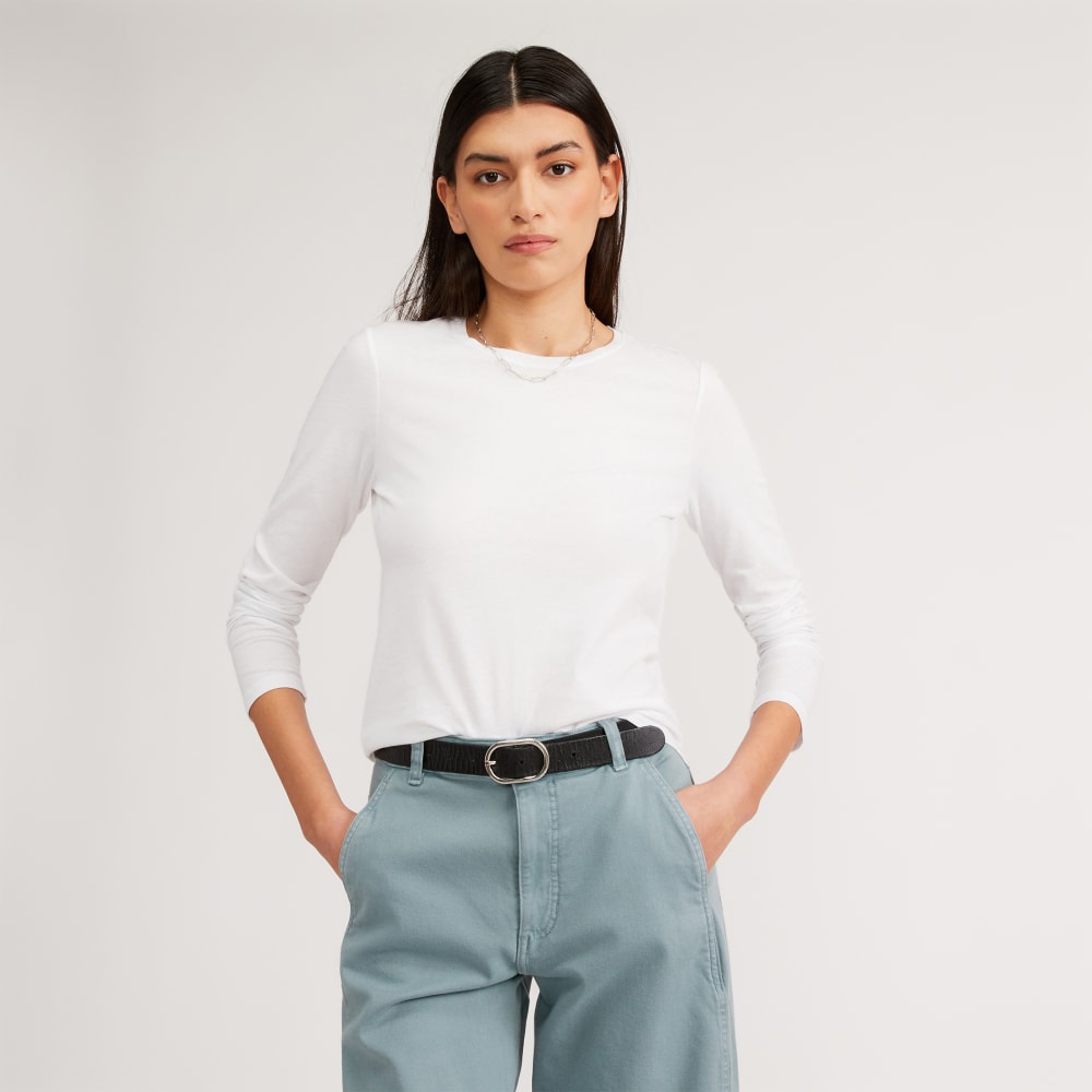 The Organic Cotton Long-Sleeve Crew in White — front view