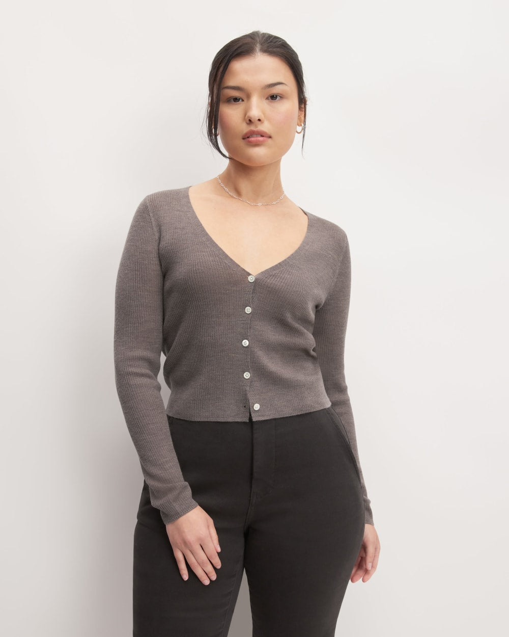 The Cardigan in Ultrasoft Merino in Heather Cocoa — front view