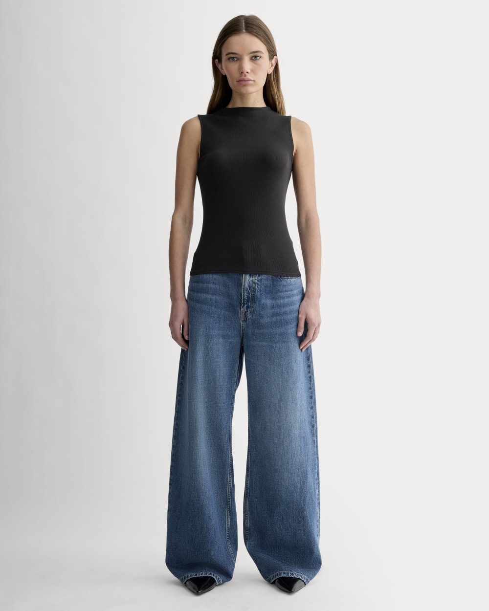 The Luxe Rib Funnel-Neck Tank in Black — detail view