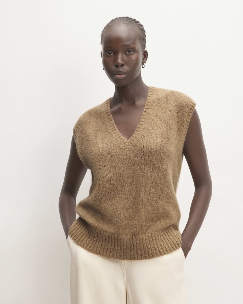 The Alpaca V-Neck Vest in Tiger's Eye — front view
