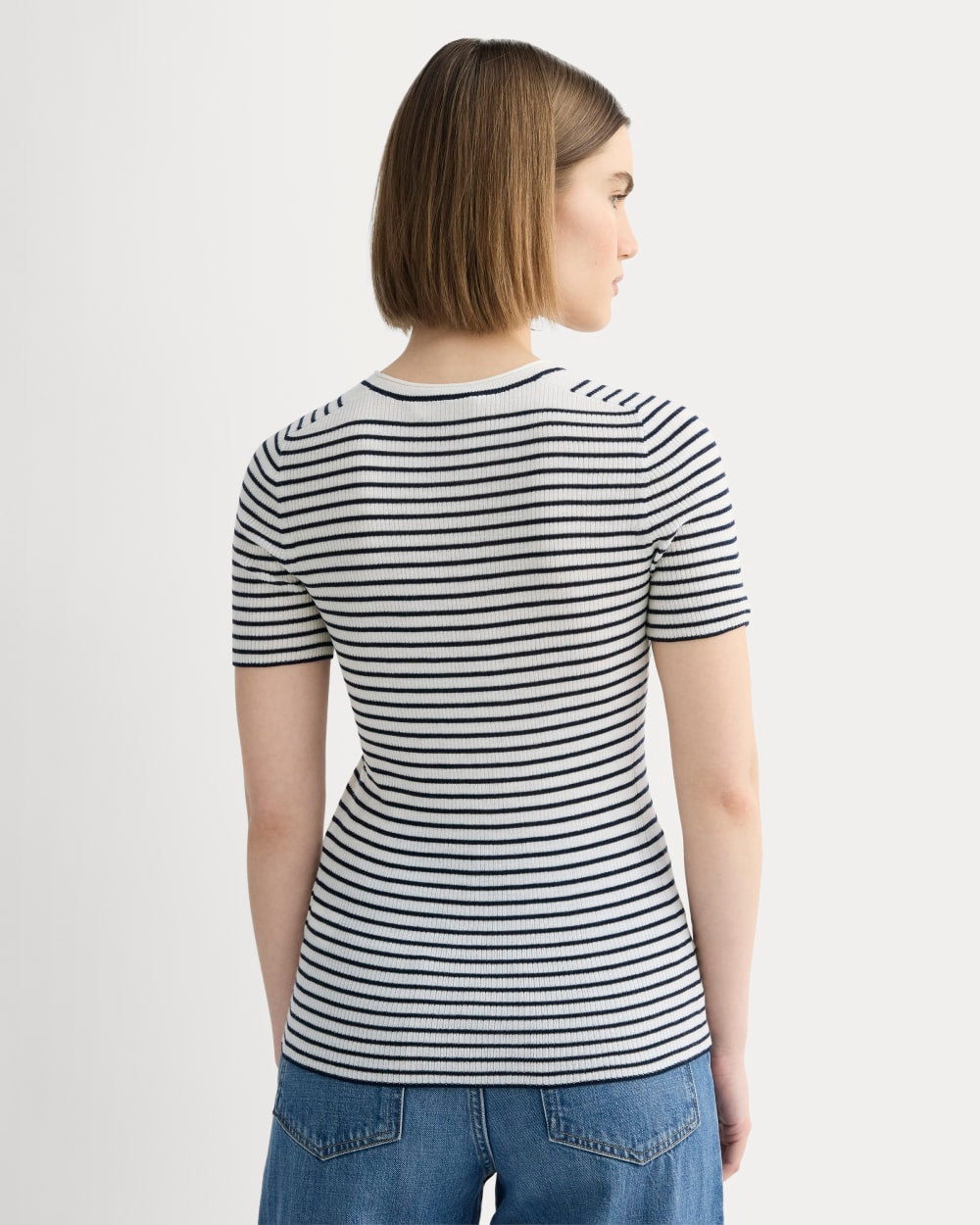 The Sweater Tee in Ultrasoft Merino in Bone/Navy — detail view