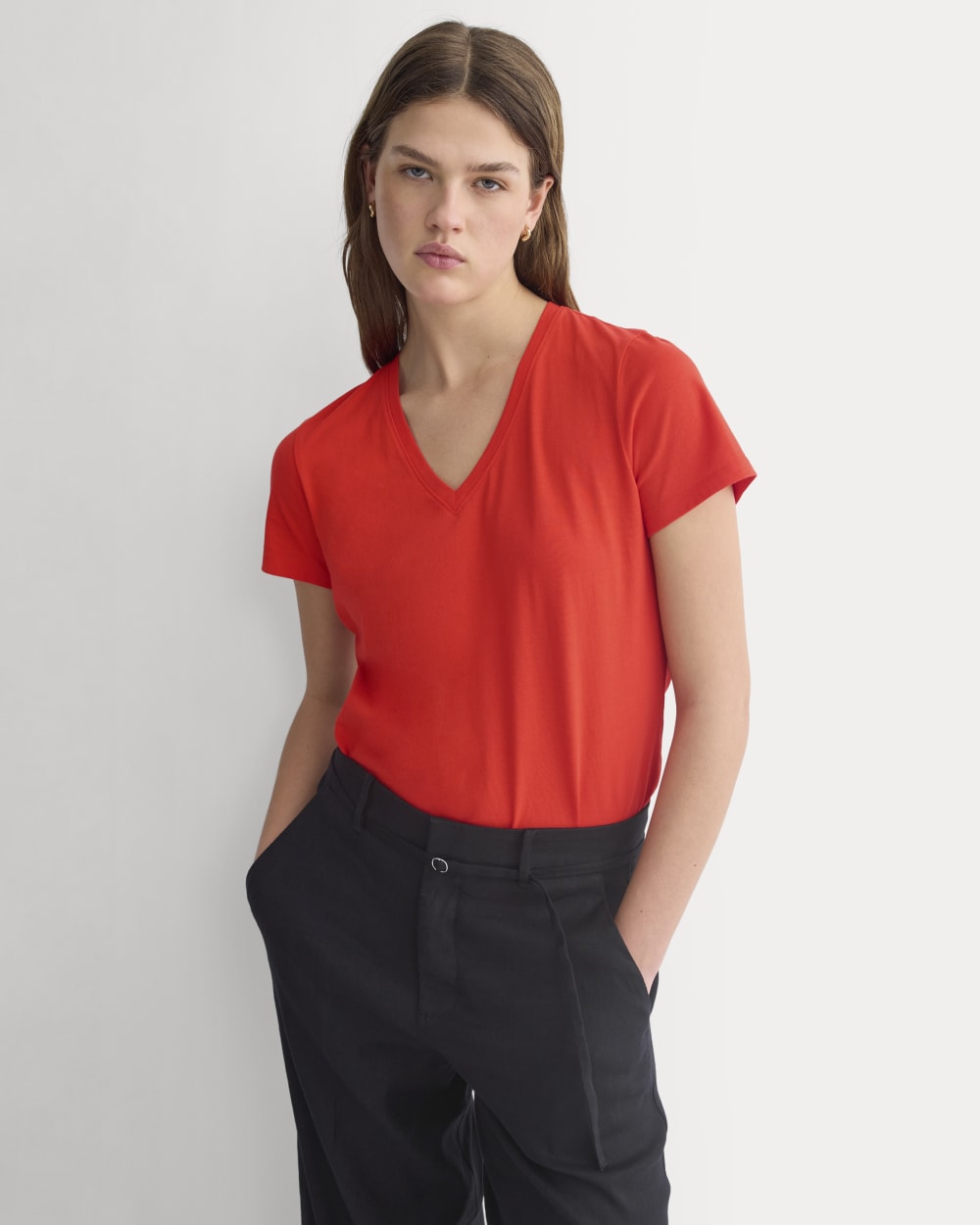 The Slim V-Neck Tee in Essential Cotton in Fiery Red — front view