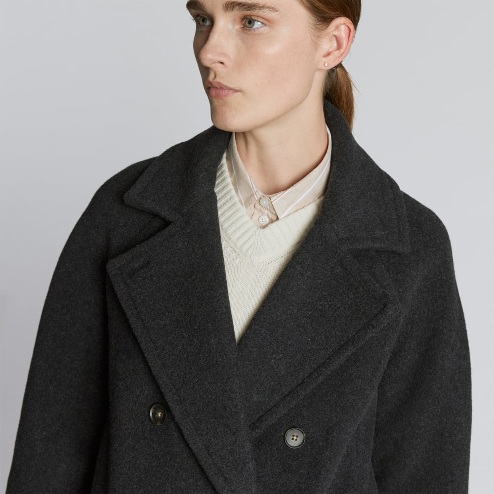 The Italian ReWool® Long Peacoat in Heathered Black — detail view