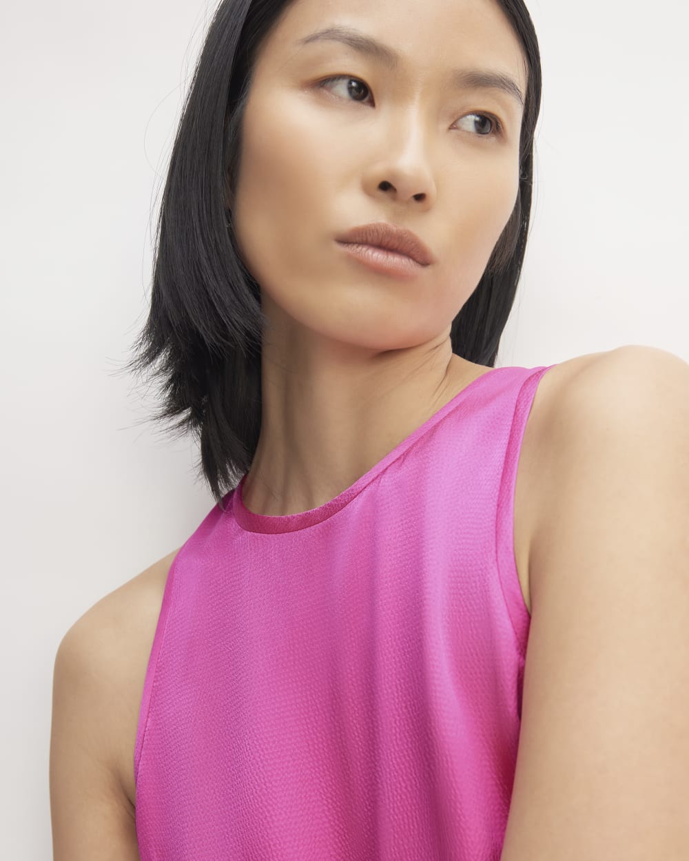 The Satin Racerback Slip Dress in Fuchsia Pink — detail view